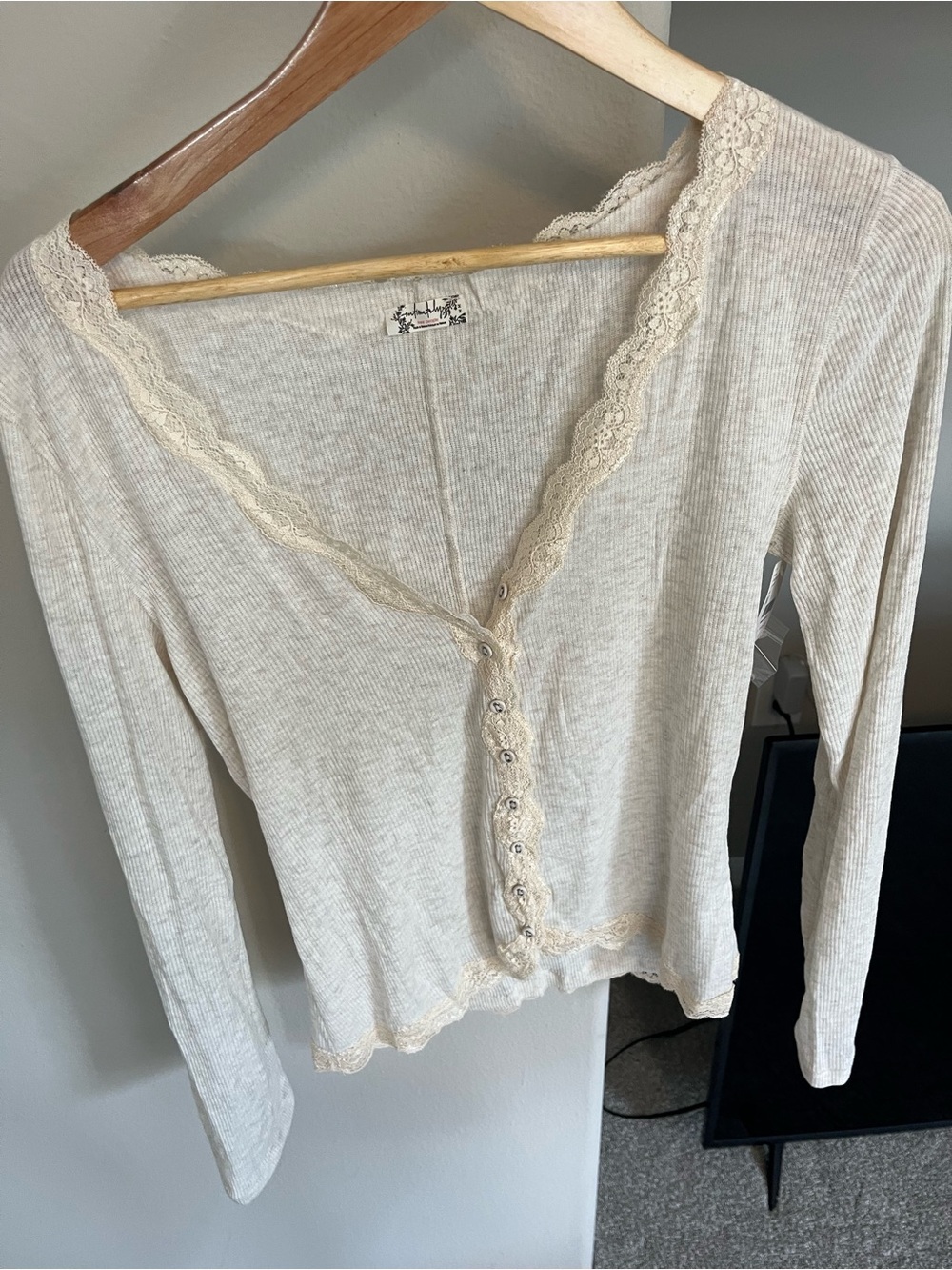 Free People Cream Ribbed Lace-Trim Henley Top
